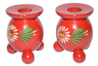 Vintage Wood Candle Holders Red Flower Pillar Handmade Vintage Made In Sweden