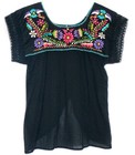 Mexican Embroidered Floral Women s Blouse Peasant Black Open Back Top M 