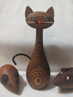 Vintage Mcm Wooden Cat Kitty Figure Japan 5  Tall Woodgrain   2 Wooden Mice read