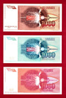Yugoslavia  3 Tesla Set Unc 1 000 Dinara 1990 p-107a  1991 p-110a    1992 p-114a
