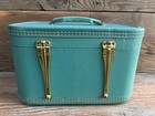 Vintage Teal Blue Train Case Vanity Makeup Mirror Mid Century Travel 1950s