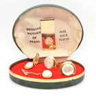 Vintage Mens Dress Set 18k Gold Plated Mother Of Pearl Cufflinks Money Clip Box