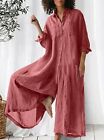 Women Linen Button Down Long Sleeve Wide Leg Jumpsuit Beach Palazzo Pants
