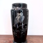 Vintage Vase Czech Black Glass Etched Birds Floral Art Deco Style Slovakia 10 