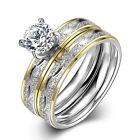 Stainless Steel Bridal Engagement Set Ring Gold Plated Rhinestone Women B442