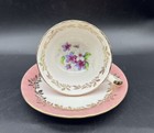 Vintage Aynsley Pink Tea Cup And Saucer Gold Leaf Trim Purple Flowers