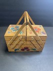 Vtg Fold-out Wooden Hand Painted Sewing Box - Mexico Double Handle - Two Tiers