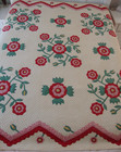 Vintage antique Red   Green Rose Of Sharon Applique Quilt  81 X 75 Inches 