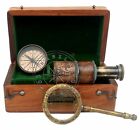 Vintage Dollond London Gift Set Box Brass Compass Telescope And Magnifying Glass