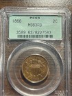 1866-p Two Cent Piece 2c Pcgs Ms 63 Mint State 63 Red Brown Rb Old Green Holder