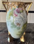 Antique Nippon Moriage Vase Hand Painted Pastel Roses Heavy Gold Beaded Footed