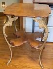 Antique 1890s Oak Parlor Table Two Tier Clover Wood Shelf Ornate Cast Iron Legs 