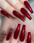Long Coffin  cat Eye Red  Full Cover 24 Nail Tips Press On Glue Set 