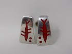  925 Taxco Mexico Mid Century Modern Shark Fish Screw Back Earrings Inlaid Coral