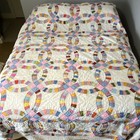 Vintage Double Wedding Ring Quilt Scalloped Edge Hand Quilted 94x83 Pastel Scrap