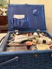 Vintage Large Rattan Sewing Basket Floral Top 3 Levels Full Of Sewing Notions