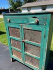 Antique Early American Primitive Teal Blue Green Paint Pierced Tin Panel Pie Saf