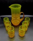 7pc 1970s Lucyna Pijaczewska Poland Art Glass Jug Glasses Yellow orange Glows