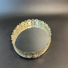Vtg Oval Vanity Mirror Perfume Tray Gold Brass Metal Filigree Hollywood Regency