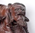Antique Chinese Hardwood Carving - Old Man  Boy Riding A Carp - 6 5  B  ish  
