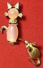 Adorable Pink Jelly Belly Cat And Mouse Trembler Brooch Ab Crystals Vintage 70s