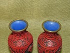 Vintage Pair Chinese Small Carved Cinnabar Vases   Blue Enamel Brass   5  Tall
