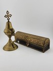 Set Of 2 Antique Islamic Middle Easter Brass And Wood Ornate Incense Burners 