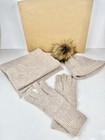 4pc 100  Cashmere Accessories Gift Set Pom Beanie Hat Gloves Scarf Beige Woman   s