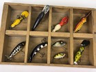 Vintage Fishing Lure Lot Of 9 Wood Display Box Estate Find Multi-brand 