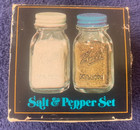 New In Box Ball Mini Mason Jar Salt   Pepper Shakers Set Clear Glass Blue white