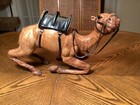 2 Vtg Leather Wrapped Camel Figurines statues With Glass Eyes   Saddles   E1