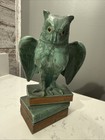 Fabulous Antique Green Owl On A Book Sculpture Heavy Metal Painted Bookend