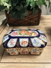 Vintage Cobalt Blue Porcelain Floral Trinket Box Gold Gilt Gilded Jewelry Box 5   