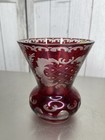 Antique Bohemian Glass Vase Ruby Red Etched Glass Deer Castle Vintage