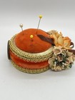Vintage Pin Cushion Floral Sewing Velvet Round Orange Gold Tone Handmade