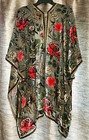 Free People Velvet Kimono Shawl wrap Embroidered Floral Boho Green Red