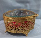 Vtg Pair Of Heart   Round Ormolu Beveled Glass Brass Filigree Jewelry Boxes