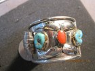 Vtg  Navajo Coral Turquoise Watch Band Cuff Bracelet