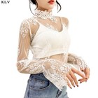 Floral Turtleneck Blouse - Women Sexy Tops Mock Neck Long Sleeve Mesh T-shirt