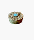 Vintage Oval Hinged Silver Plated  Pill Trinket Box Turquoise Eye Of Flower