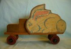 Antique Wooden Toy Truck With Fuzzy Bunny Rabbit Sides   Cargo Area Pull Toy 704