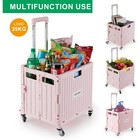 Pink Folding Utility Cart With Lid  4 Rotatable Wheels portable Shopping Trolley