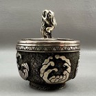 Vintage Sterling Two Piece Lidded Laughing Buddha Incense Box Frog Lily Pad