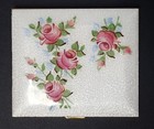 Vintage Marhill Powder Compact Guilloche Enamel Painted Roses Unused W cloth Bag