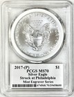2017  p  Silver Eagle Pcgs Ms70 Struck At Philadelphia Mercanti Signed Engraver