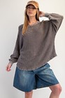 Easel Women s Waffle Thermal Knit Mineral Washed Long Sleeve Top In Ash