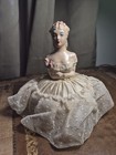 Vintage German Lady Hand Painted Chalkware  Doll Pin Cushion With Lace Skirt