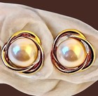 Richelieu Earrings Vintage Clip On Goldtone Faux Pearl Love Knot Signed 