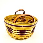 Vtg American Traditions Handwoven Basket Leather Handles Purple Accent Liner