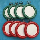 8 Vintage Christmas Craft Needlepoint Ornament Frame Red Green Plastic Round